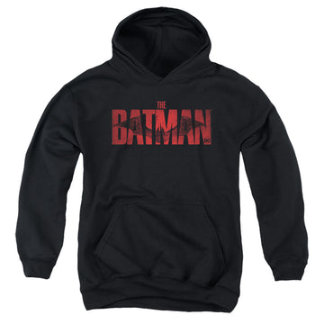 Black youth hoodie for ages 8 to 12 with The Batman (2022) Crimson Drawn Bat Logo graphic