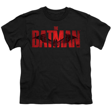 Black youth t-shirt for ages 8 to 12 with The Batman (2022) Crimson Drawn Bat Logo graphic
