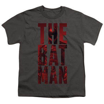 Charcoal youth t-shirt for ages 8 to 12 with The Batman (2022) Crimson Crusader graphic