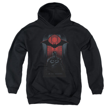 Black youth hoodie for ages 8 to 12 with The Batman (2022) I Am The Shadows graphic