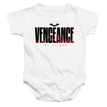 White baby bodysuit with The Batman (2022) Vengeance For The Bat graphic