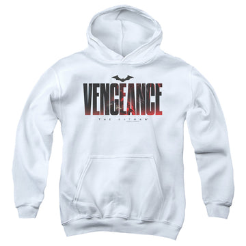 White youth hoodie for ages 8 to 12 with The Batman (2022) Vengeance For The Bat graphic