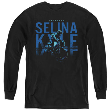 Black youth long sleeve t-shirt with The Batman (2022) Selina Kyle Motorcycle graphic