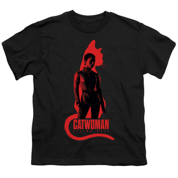 Black youth t-shirt for ages 8 to 12 with The Batman (2022) Selina Kyle Cat Silhouette graphic
