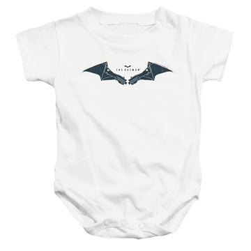 White baby bodysuit with The Batman (2022) Mechanical Bat Logo graphic