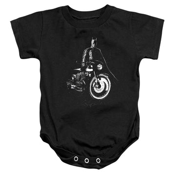 Black baby bodysuit with The Batman (2022) And His Motorcycle graphic