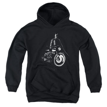 Black youth hoodie for ages 8 to 12 with The Batman (2022) And His Motorcycle graphic