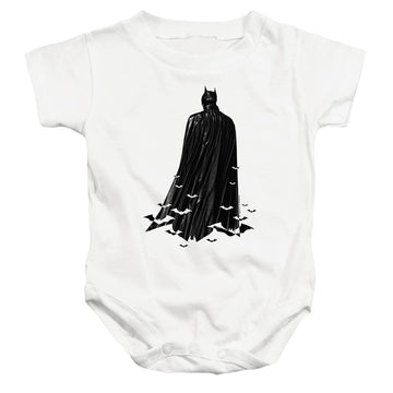 White baby bodysuit with The Batman (2022) Bat Cape graphic