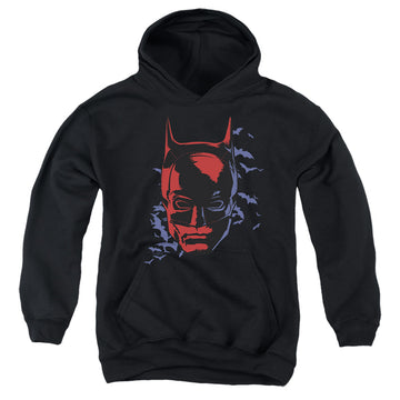Black youth hoodie for ages 8 to 12 with The Batman (2022) Shadowed Headshot graphic
