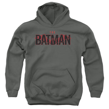 Charcoal youth hoodie for ages 8 to 12 with The Batman (2022) Logo With Red Bat graphic
