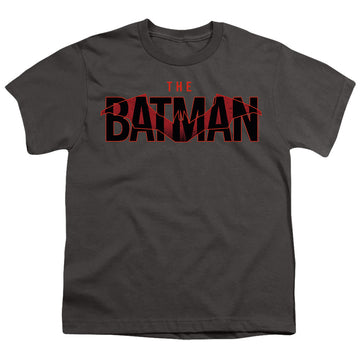 Charcoal youth t-shirt for ages 8 to 12 with The Batman (2022) Logo With Red Bat graphic