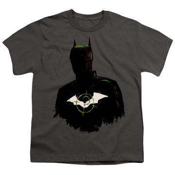 Charcoal youth t-shirt for ages 8 to 12 with The Batman (2022) Silhouette With Riddler Logo graphic