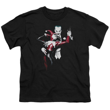 Black youth t-shirt for ages 8 to 12 with Harley Quinn Harley And Joker graphic