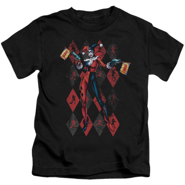 Black kid's t-shirt for ages 4 to 7 with Harley Quinn Pow graphic