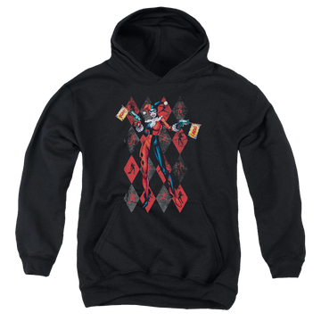 Black youth hoodie for ages 8 to 12 with Harley Quinn Pow graphic
