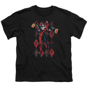 Black youth t-shirt for ages 8 to 12 with Harley Quinn Pow graphic