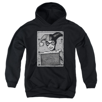Black youth hoodie for ages 8 to 12 with Harley Quinn Harley Inmate graphic