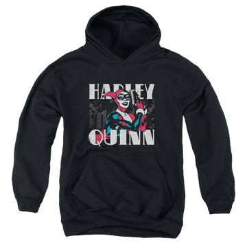 Black youth hoodie for ages 8 to 12 with Harley Quinn Harley Bold graphic
