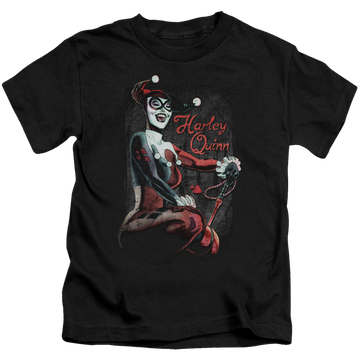 Black kid's t-shirt for ages 4 to 7 with Harley Quinn Laugh It Up graphic