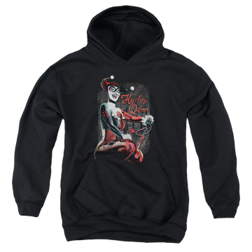 Black youth hoodie for ages 8 to 12 with Harley Quinn Laugh It Up graphic