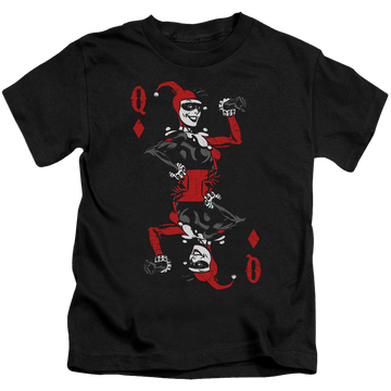 Black kid's t-shirt for ages 4 to 7 with Harley Quinn Quinn Of Diamonds graphic