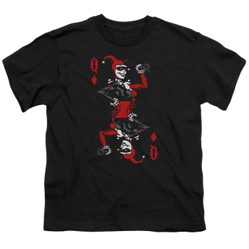 Black youth t-shirt for ages 8 to 12 with Harley Quinn Quinn Of Diamonds graphic