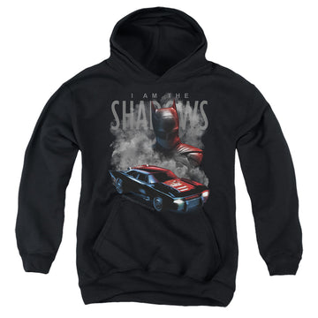 Black youth hoodie for ages 8 to 12 with The Batman (2022) Batman And Batmobile graphic