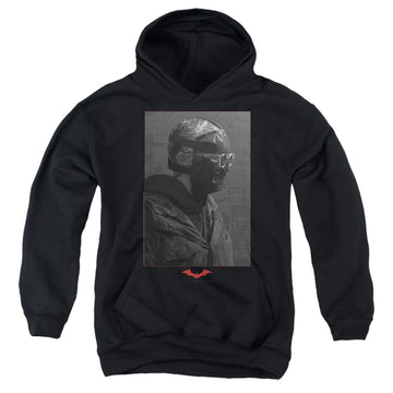 Black youth hoodie for ages 8 to 12 with The Batman (2022) Riddler Worn Portrait graphic