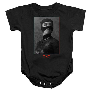 Black baby bodysuit with The Batman (2022) Catwoman Worn Portrait graphic