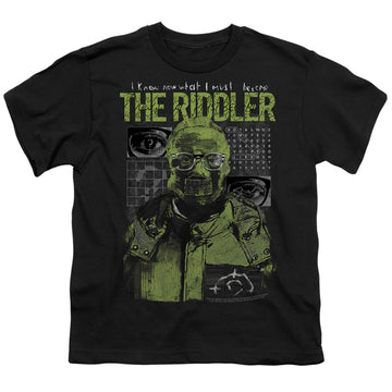 Black youth t-shirt for ages 8 to 12 with The Batman (2022) Riddler Illustration graphic
