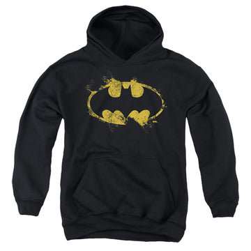 Black youth hoodie for ages 8 to 12 with The Batman (2022) Paint Roller Logo graphic