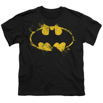 Black youth t-shirt for ages 8 to 12 with The Batman (2022) Paint Roller Logo graphic