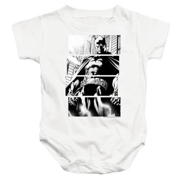 White baby bodysuit with The Batman (2022) Panels graphic