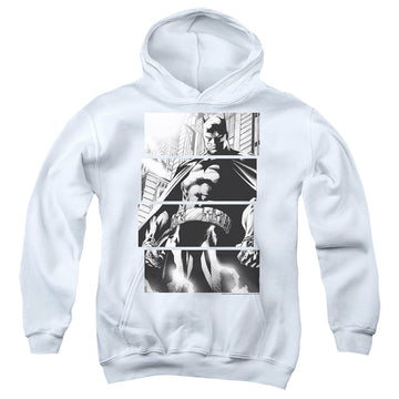 White youth hoodie for ages 8 to 12 with The Batman (2022) Panels graphic