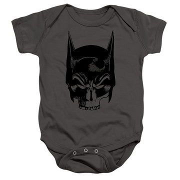 Charcoal baby bodysuit with The Batman (2022) Skull On Gray graphic