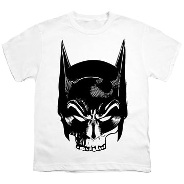 White youth t-shirt for ages 8 to 12 with The Batman (2022) Skull On White graphic