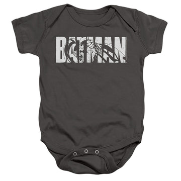 Charcoal baby bodysuit with The Batman (2022) Text On Gray graphic