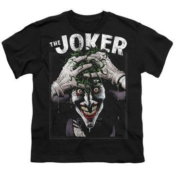 Black youth t-shirt for ages 8 to 12 with The Batman (2022) Crazed Joker graphic