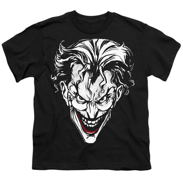 Black youth t-shirt for ages 8 to 12 with The Batman (2022) Joker Red On Black graphic