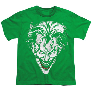 Kelly green youth t-shirt for ages 8 to 12 with The Batman (2022) Joker Red On Green graphic