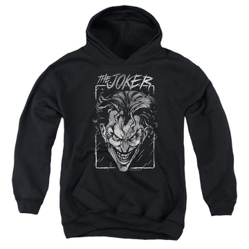 Black youth hoodie for ages 8 to 12 with The Batman (2022) Joker Storm On Black graphic