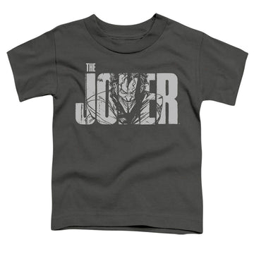 Charcoal toddler t-shirt with The Batman (2022) Joker Text On Gray graphic