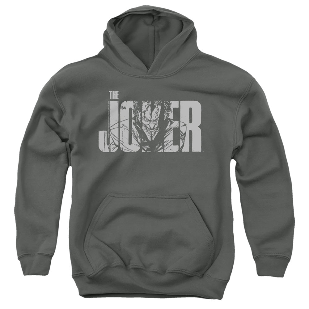 The Batman (2022) Joker Text On Gray - Youth Hoodie Youth Hoodie (Ages 8-12) Batman