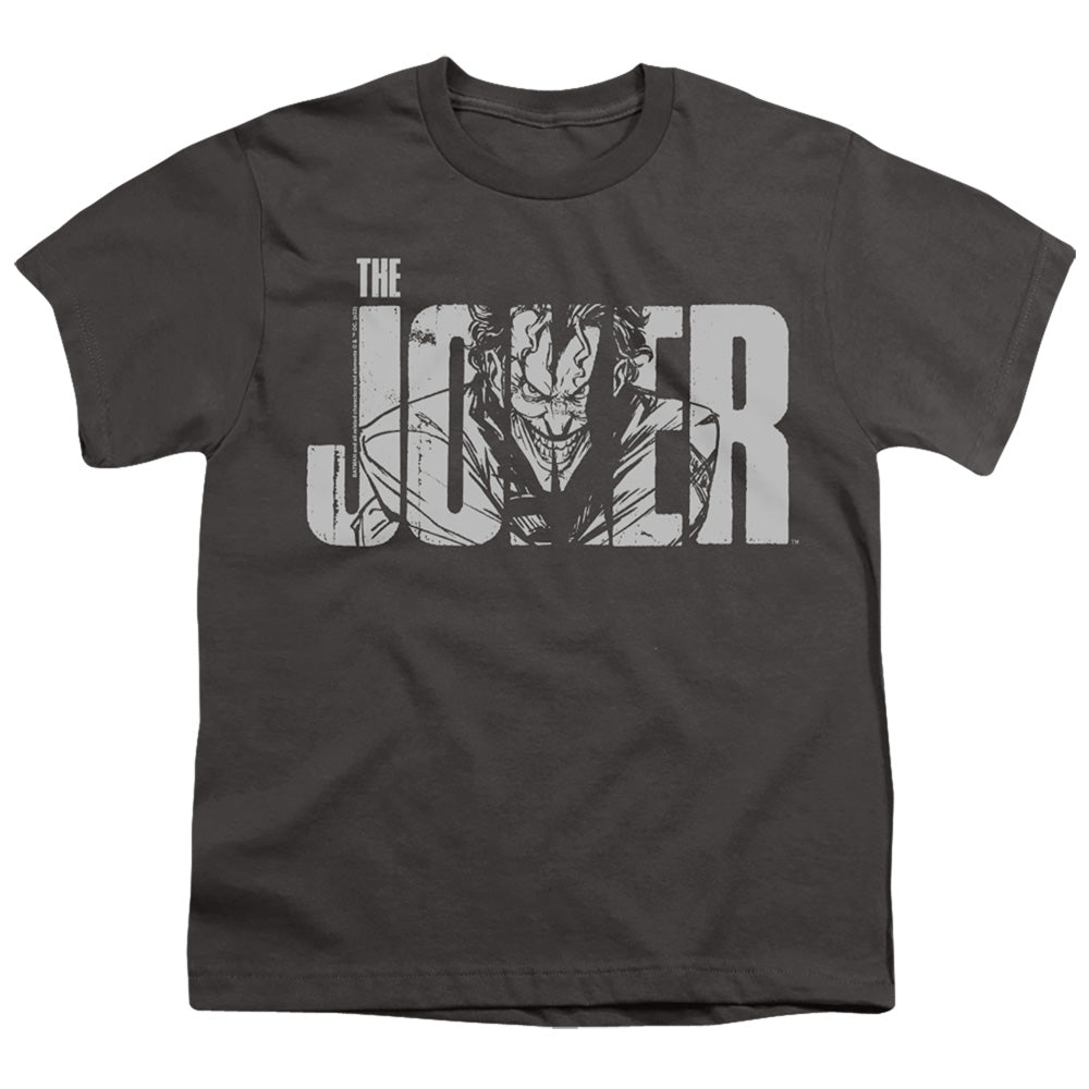 The Batman (2022) Joker Text On Gray - Youth T-Shirt Youth T-Shirt (Ages 8-12) Batman