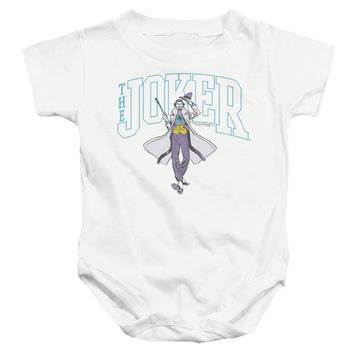 White baby bodysuit with The Batman (2022) Joker Varsity On White graphic
