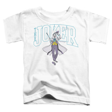 White toddler t-shirt with The Batman (2022) Joker Varsity On White graphic