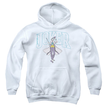 White youth hoodie for ages 8 to 12 with The Batman (2022) Joker Varsity On White graphic