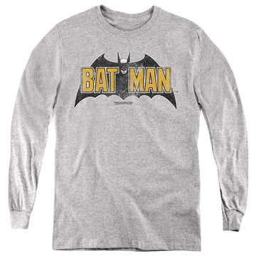Athletic heather youth long sleeve t-shirt with The Batman (2022) Vintage Bat Logo On Gray graphic