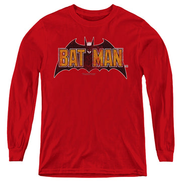 Red youth long sleeve t-shirt with The Batman (2022) Vintage Bat Logo On Red graphic