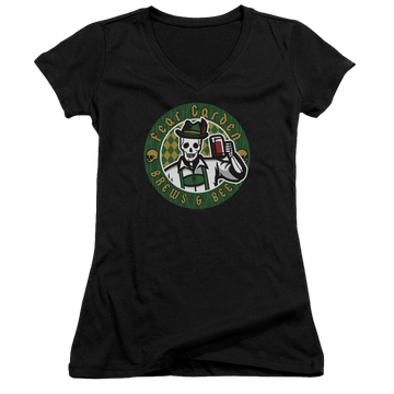 Black juniors v-neck t-shirt with Hell Fest Fear Garden graphic